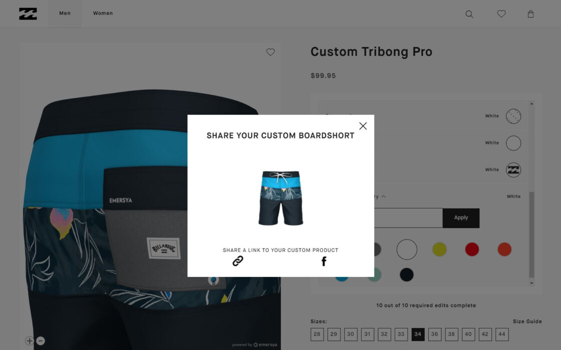 La page web de Billabong est dédiée à la personnalisation du boardshort Tribong pro avec la technologie Emersya. Pour créer votre propre boardshort, vous pouvez choisir votre taille, changer les couleurs ou les graphismes de chaque partie : ceinture, tous les panneaux, le cordon, les oeillets, les patchs et vous pouvez choisir une broderie personnalisée. Une fois terminé, vous pouvez sauvegarder, partager et rejouer votre configuration.