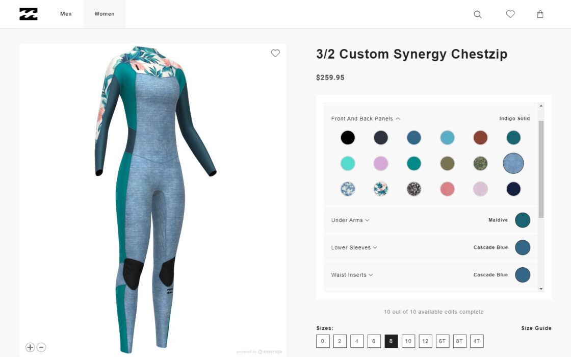 Étude de cas des combinaisons Billabong. Capture d'écran de la page web Billabong dédiée à la personnalisation des combinaisons Synergy Chestzip avec la technologie Emersya. Pour créer votre propre combinaison, vous pouvez choisir votre taille, changer les couleurs ou les graphismes de chaque partie : panneaux avant et arrière, dessous de bras, bas de manches, inserts de taille.