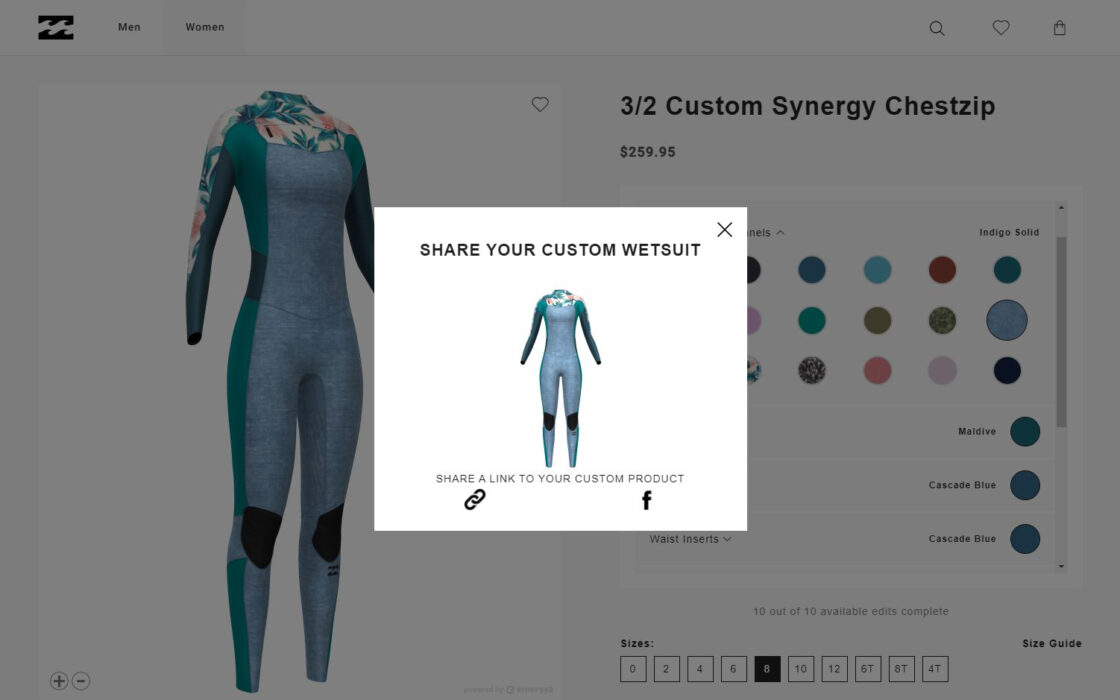 La page web de Billabong est dédiée à la personnalisation des combinaisons Synergy Chestzip avec la technologie Emersya. Pour créer votre propre combinaison, vous pouvez choisir votre taille, changer les couleurs ou les graphiques de chaque partie et choisir une broderie personnalisée.