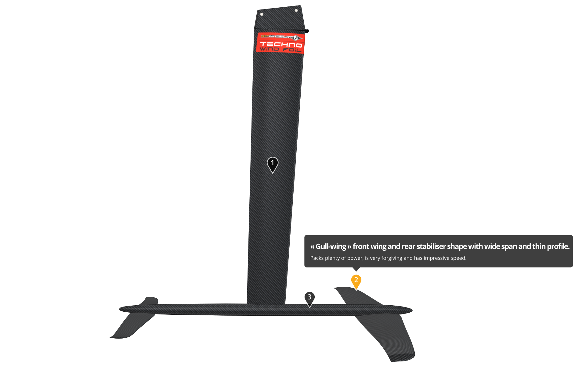 Extract from the Bic Sport webpage showing the Techno Wind Foil 130 product details of the foil. The animation created with the Emersya platform permit to the brand a guided tour with 3 triggers for the customer to discover all the details of the product.