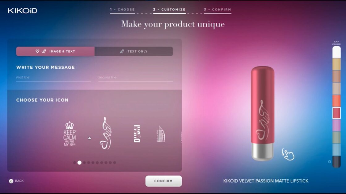 Case studies : Kiko webpage of the 3D lipstick configurator in 3 steps. Here you are at the second step to customize the product with an image and a text or with a text only. In this step, you can also choose the color of the cap of your lipstick.