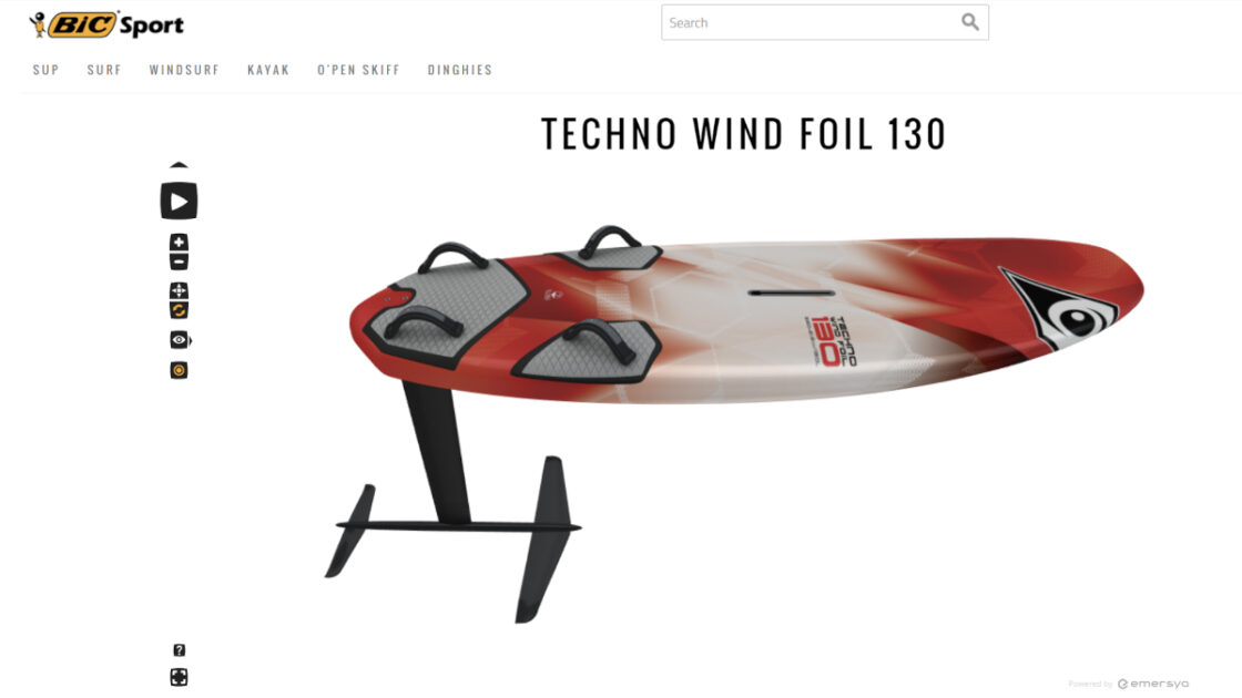 Case studies : Screenshot of the Bic Sport webpage showing the Techno Wind Foil 130 product. The animation created with the Emersya platform permit to the brand a guided tour for the customer to discover all the details of the product.