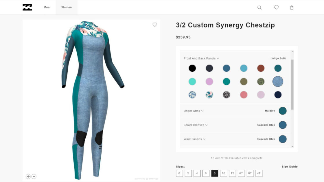 Études de cas : Page web Billabong dédiée à la personnalisation des combinaisons Synergy Chestzip avec la technologie Emersya. Pour créer votre propre combinaison, vous pouvez choisir votre taille, changer les couleurs ou les graphismes de chaque partie : panneaux avant et arrière, dessous de bras, bas de manches, inserts de taille.