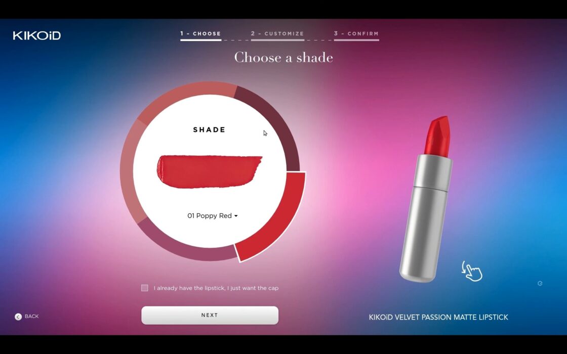 Kiko webpage of the 3D lipstick configurator in 3 steps. Here you are at the first step called "Choose a shade option" with 5 different shade of red