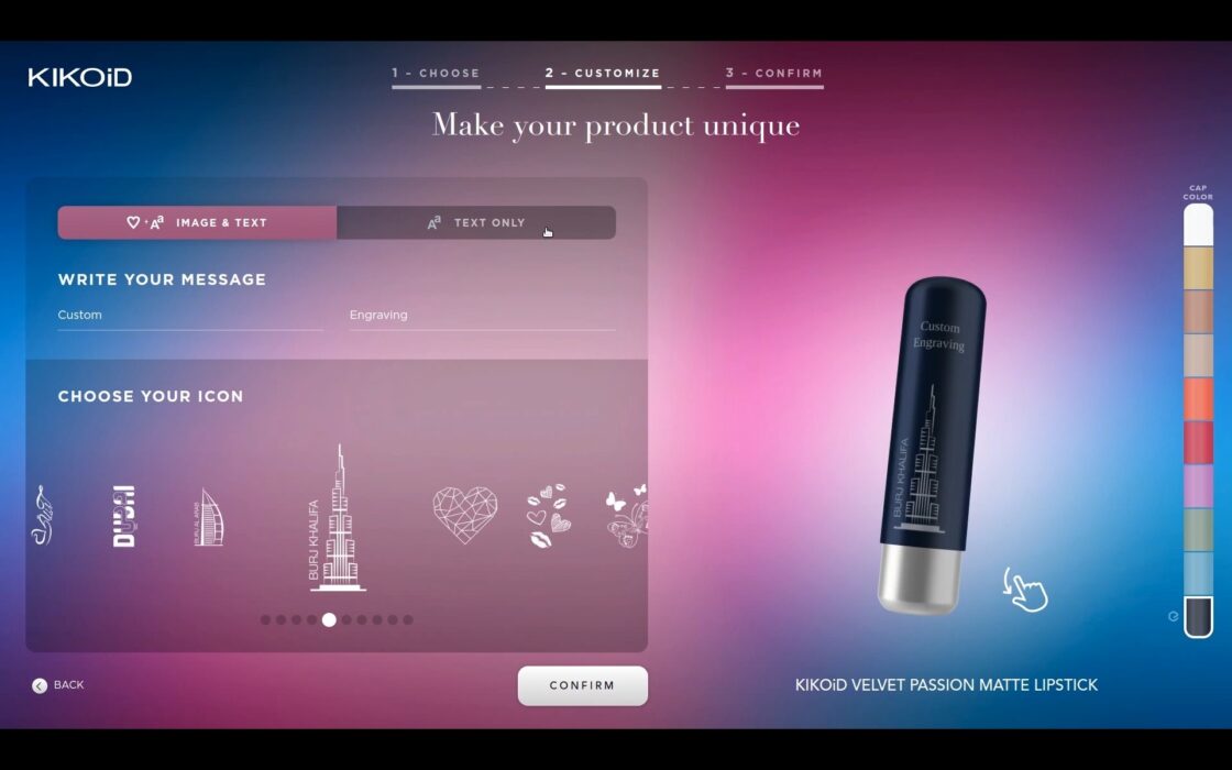 Kiko webpage of the 3D lipstick configurator in 3 steps. Here you are at the second step to customize the product with an image and a text or with a text only. In this step, you can also choose the color of the cap of your lipstick.