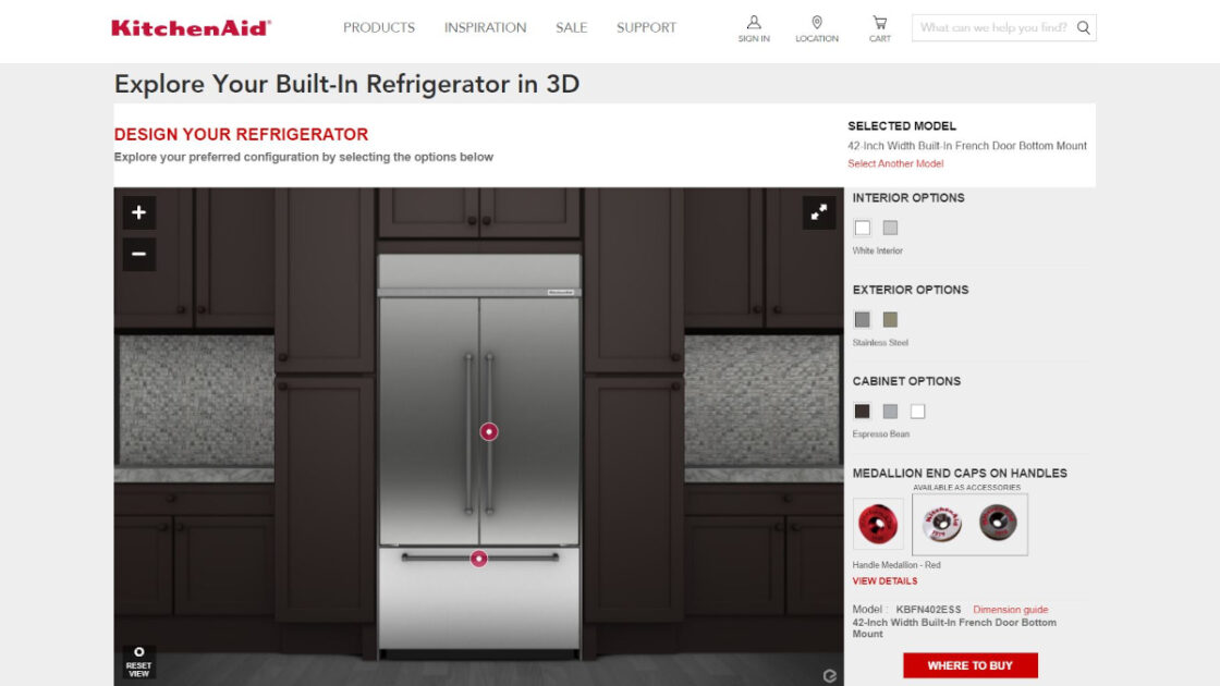 Case studies : Webpage of KitchenAid presenting the built-in refrigerator with triggered 3D animations allowing to discover the product as in-store. Each hotspot triggers a different animation : open and close the fridge doors, open and close the freezer drawer. The webpage also presents the different options online shoppers can choose from to create their custom built-in refrigerator.