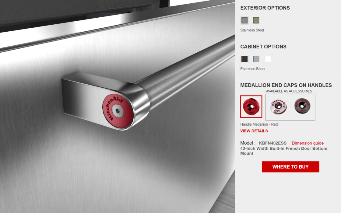 3D animations of a Kitchenaid fridge to present the different options of finishes for the exterior (2 colors), the cabinet (3 colores) and 3 different medallion end caps on handles. You click on the option and choose the finish you want and it appears directly on the 3D view.