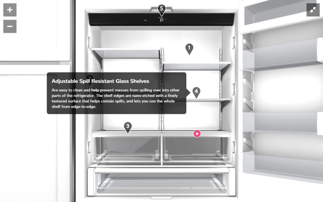 Triggered 3D animation of a Kitchenaid fridge to display the various compartments. You click on the triggers created with Emersya on the 3D view of the product and it opens the doors to show the inside of the compartment. On the screenshot, the 4th trigger have been clicked. It gives informations about the "adjustable spill resistance glass shelves".