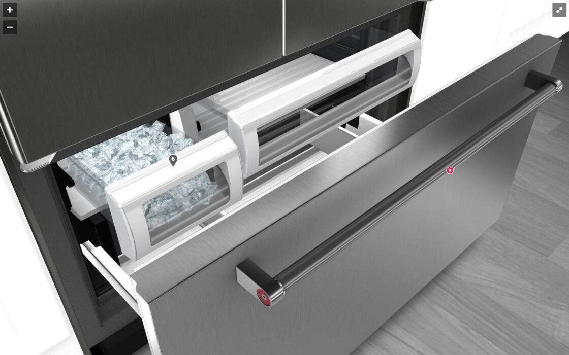 Triggered 3D animation of a Kitchenaid fridge to display the various freezer compartments. You click on the triggers created with Emersya on the 3D view of the product and it opens the doors to show the inside of the compartment.