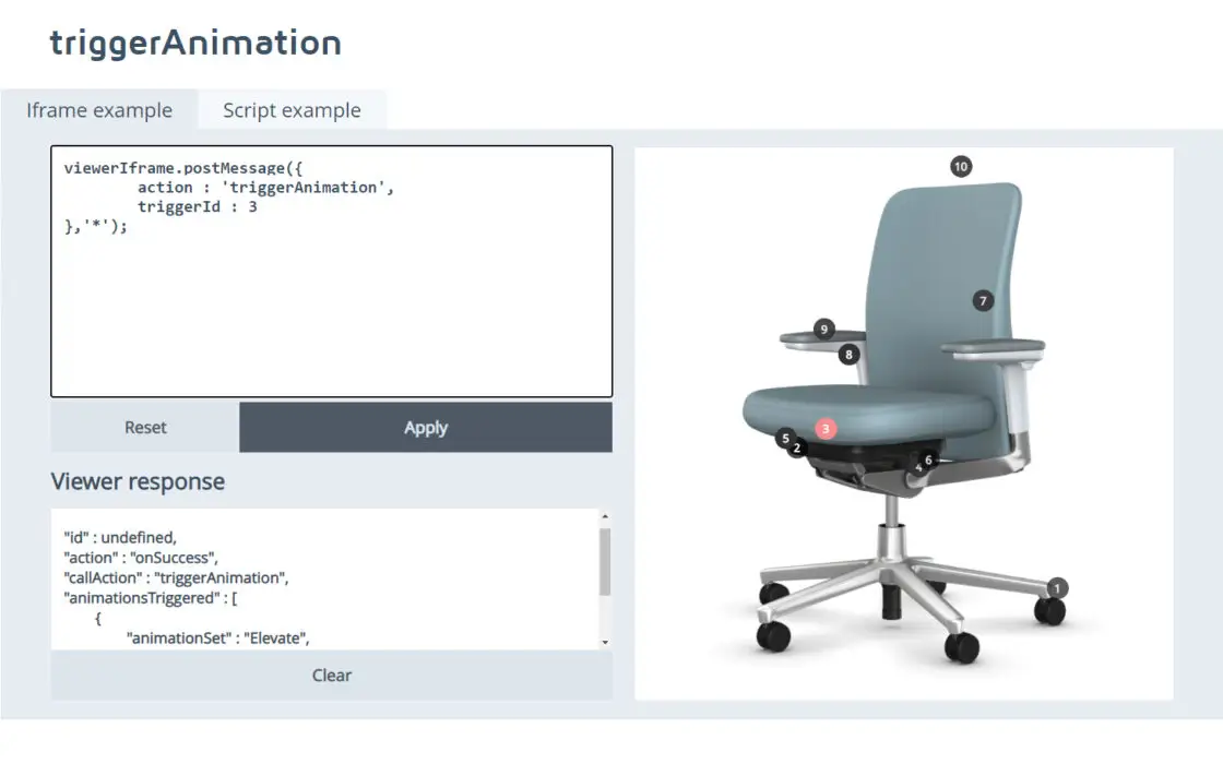 Cette image présente l'intégration transparente de l'Iframe Emersya sur la page web de Vitra. Avec cet Iframe, Emersya inclura tous les tutoriels 3D et l'interface de narration présentant les fonctionnalités du modèle Pacific Chair.