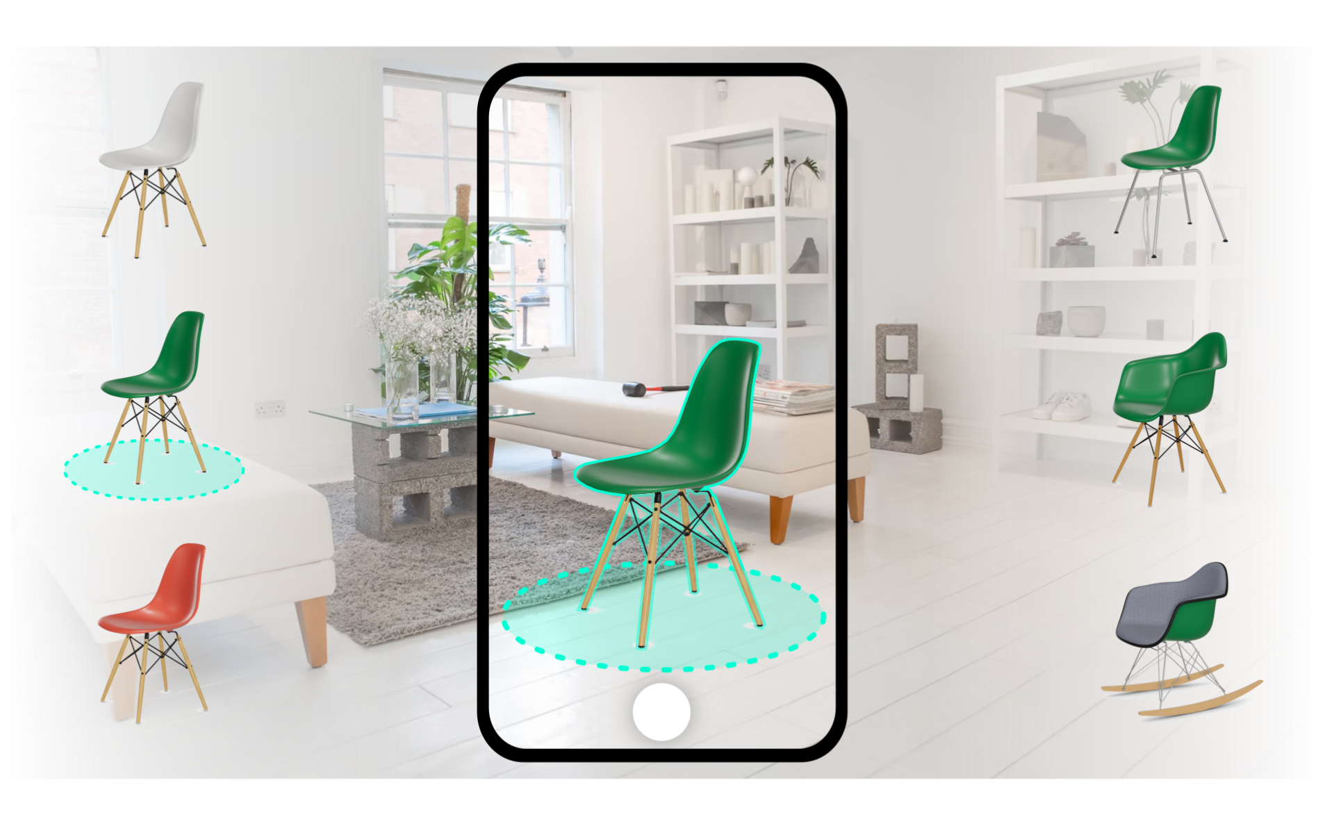 Photo présentant une configuration d'une chaise Vitra Eames en AR avec la technologie Emersya. Vous pouvez choisir en direct en AR différentes couleurs de coques en plastique et changer la base. Vous voyez le résultat en direct dans votre environnement.