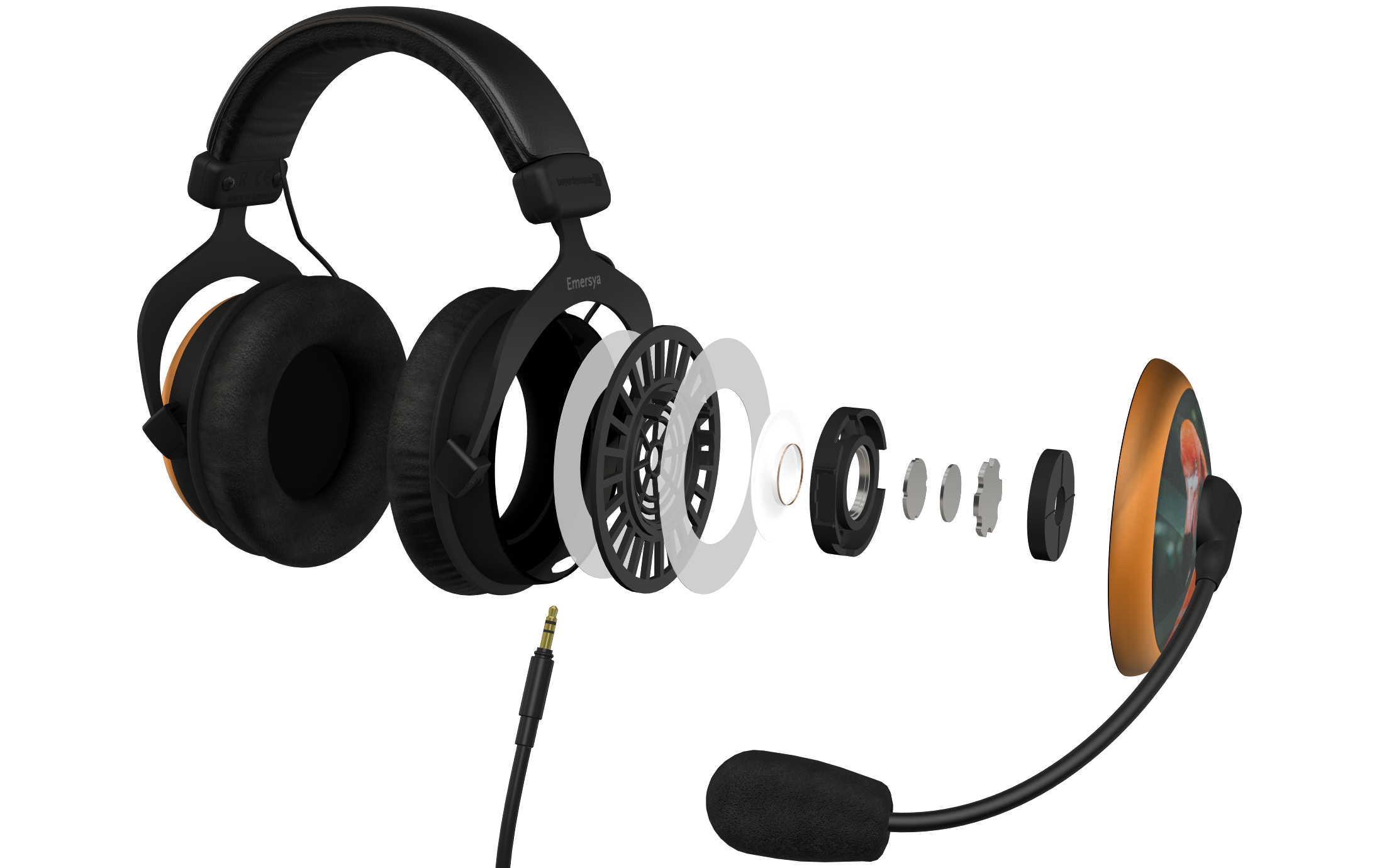 3D product discovery of the Beyerdynamic MMX300 Headphones on the brand website with exploded view that permit to see all the components. This exploded view can be done before or after having customized the product