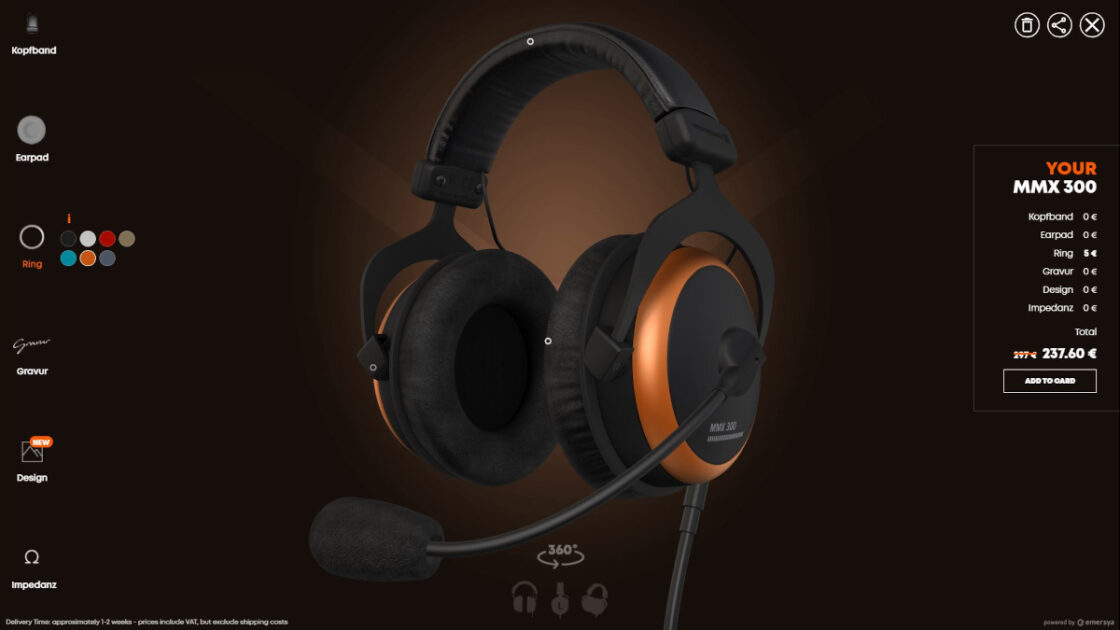 Études de cas : Le configurateur Beyerdynamic vous permet de configurer votre casque MMX300 en 3D directement sur la page web de la marque. Vous pouvez changer les oreillettes, la couleur des anneaux, insérer un texte et une image et choisir l'impédance. Chaque fois que vous choisissez une option, le prix est mis à jour en direct et vous pouvez acheter votre configuration directement.