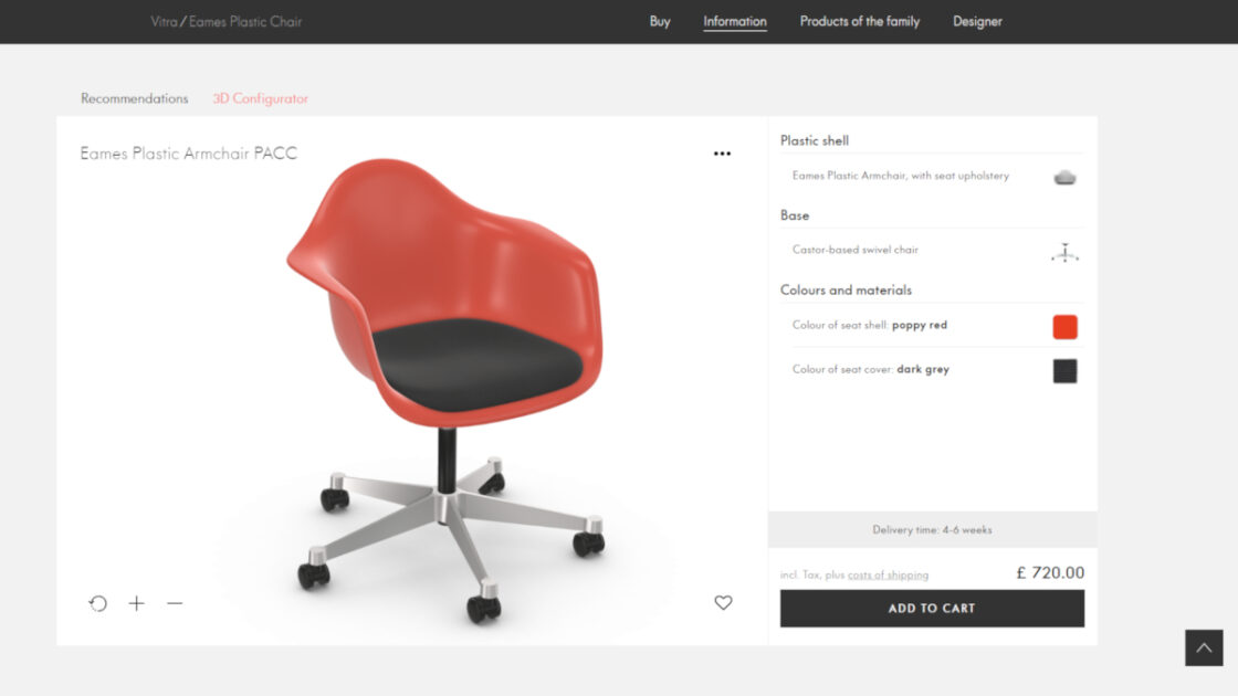 Études de cas Vitra. Copie d'écran de la page du configurateur Vitra d'un Fauteuil Pivot sur Roulettes (PACC). Une fois la coque en plastique et la base choisies, vous pouvez choisir la couleur de l'assise (rouge coquelicot ou gris foncé). Le configurateur 3D développé avec la technologie Emersya permet de voir le produit en direct étape par étape après le choix de chaque composant. Le prix et le délai de livraison sont directement mis à jour.