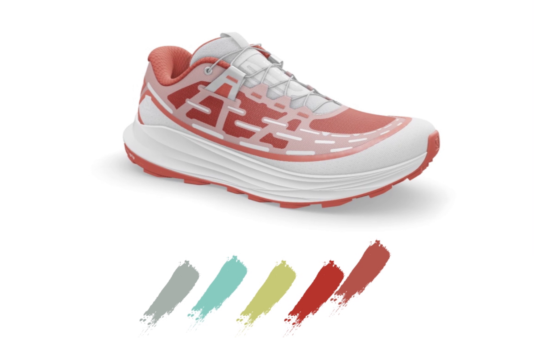 Picture of a Salomon Ultra Glide shoe colorways creation process. Based on the same 3D model of shoe, with the colors and materials uploaded in the Emersya platform, anyone can create different colorways in real-time.