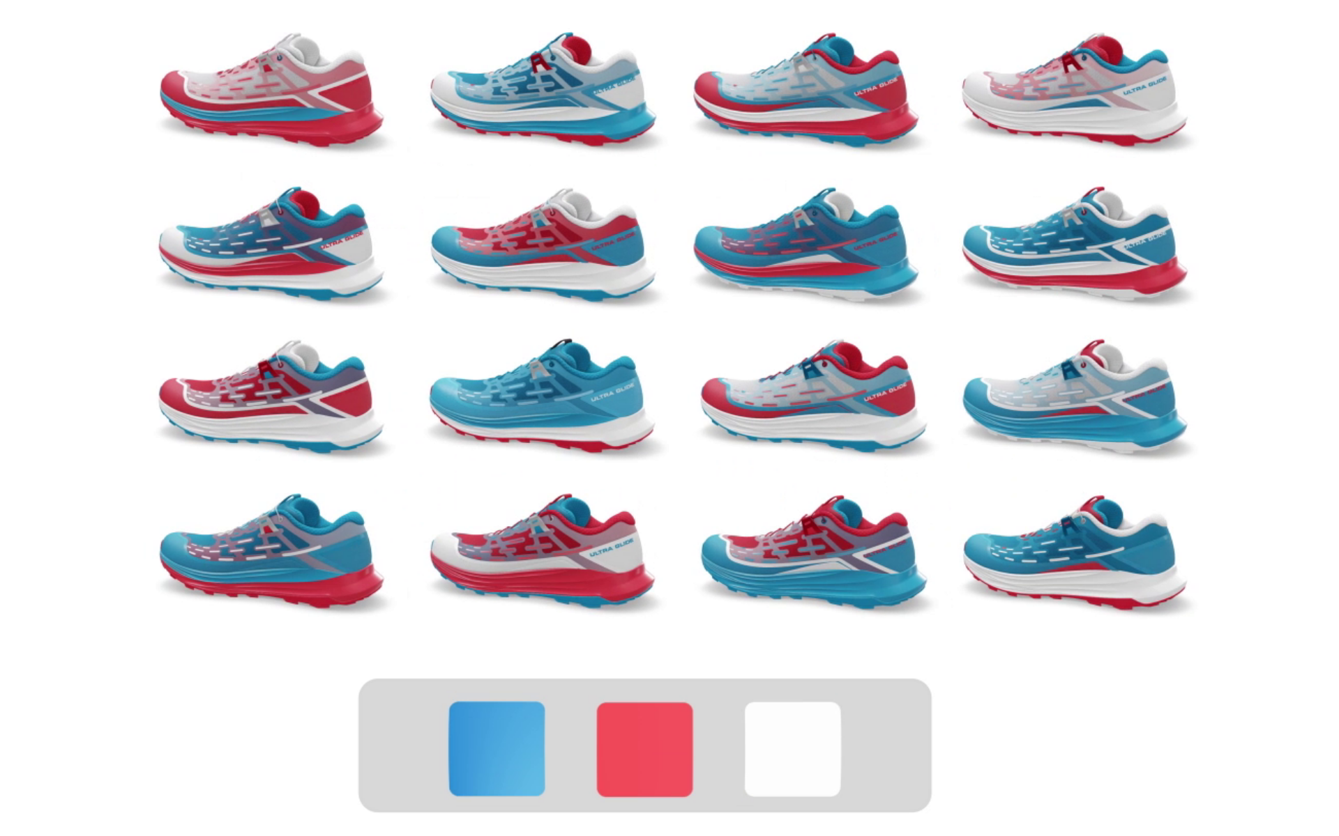 Picture of Salomon Ultra Glide shoe colorways creation process. Based on the same 3D model of shoe, with the colors and materials uploaded in the Emersya platform, anyone can create different colorways in real-time. There is the randomizer option that propose you directly some colorways.