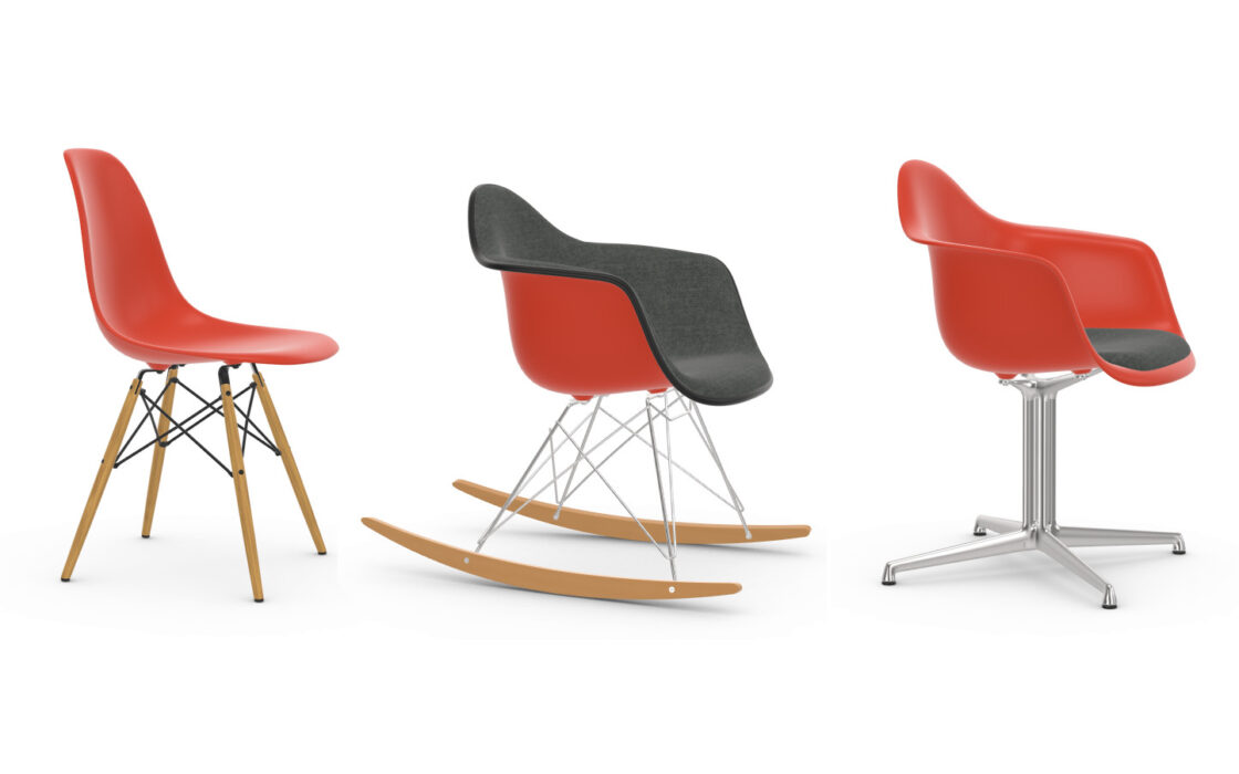 3 Pictures of a Vitra Eames plastic chair with different bases and seats. There are 2 models of seats (plastic side chair and plastic armchair) and 3 different bases : rocking chair base (RAR), wood and wire base (DSW) and a castor base swivel (PACC) . The color of the plastic chair seat is grey and green.