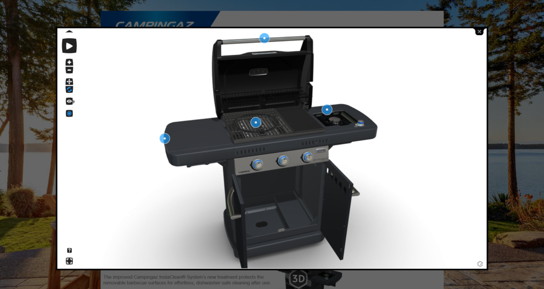 3D product discovery of a Coleman Campingaz BBQ. Use the 3D animations and triggers to discover all the features of Coleman Campingaz BBQ