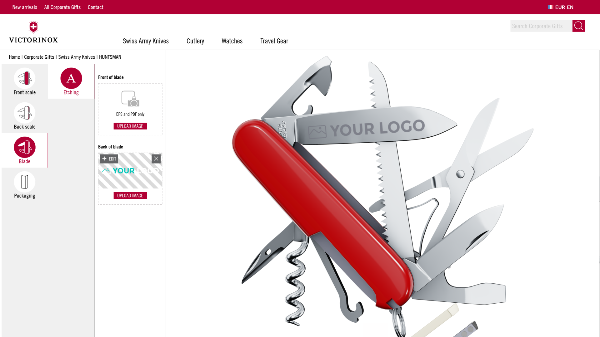 Screenshot of the Victorinox corporate gifts customization website. You are more precisely on the Victorinox Huntsman knife customization page. The aim of the image is to illustrate the customization possbilities available on the website of the brand, where you can choose the color of the handle of your knife, place your logo and custom text on the handle and on the main blade to create a corportae gift. The customer already choosed the model of the knife (the combination of blades ), a red handle and inserted a logo to engrave the blade to create his personal corportae gift.