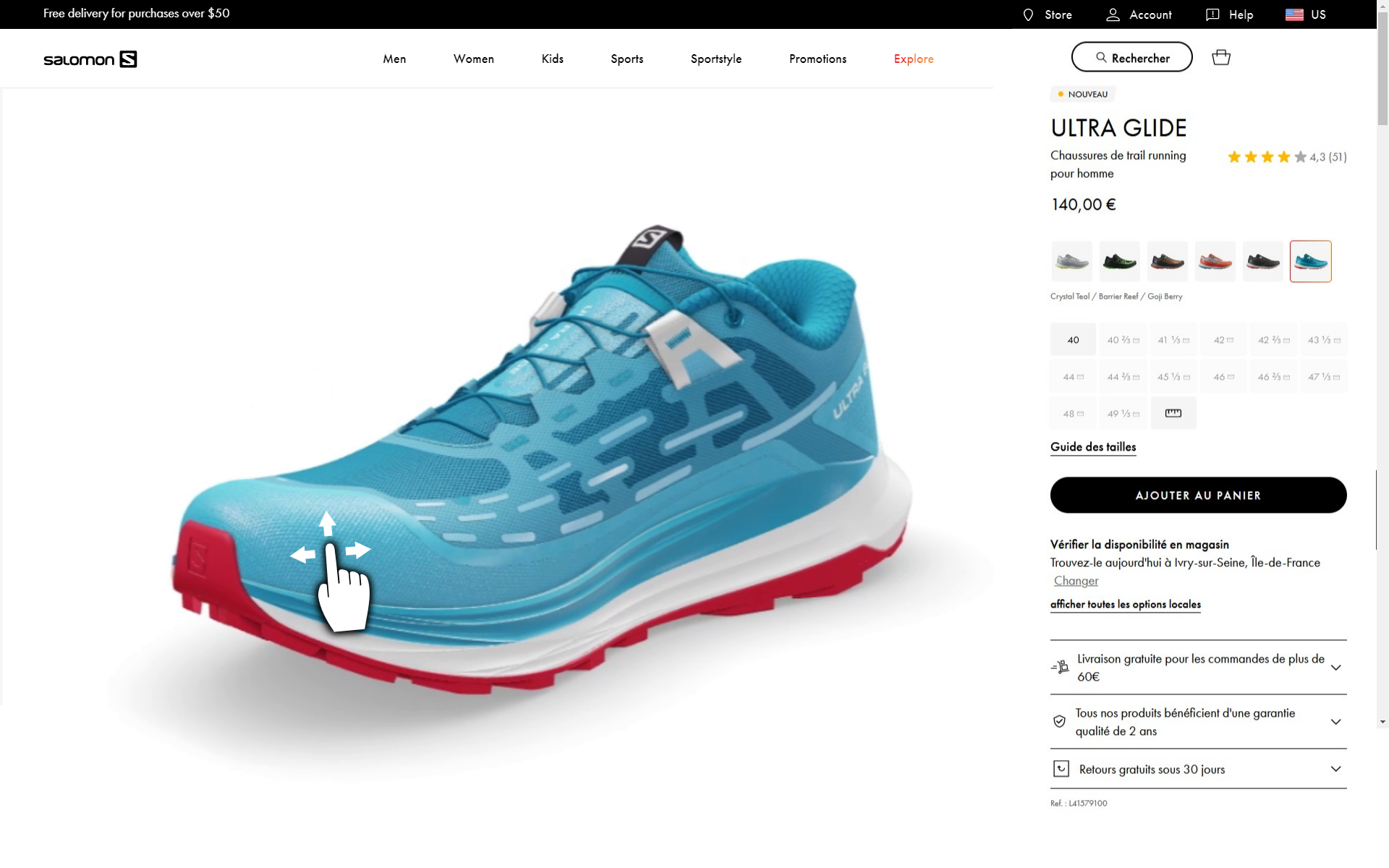 Page web Salomon de la chaussure de trail Ulta Glide. Une fois les variants créés et approuvés par toutes les parties prenantes sur la plateforme Emersya, les détaillants peuvent générer directement tous les supports marketing (images, animations 3D et AR) pour leur site web. Plus besoin d'attendre la réception de la production.