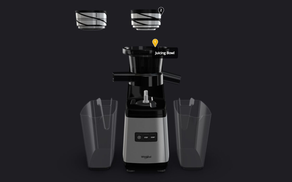 Triggered 3D animation of a Whirlpool slow juicer. You click on the triggers on the 3D view of the product created with Emersya solutions and it shows the various options. On the screenshot, the 1st trigger have been clicked. It gives informations about the juicing bowl.