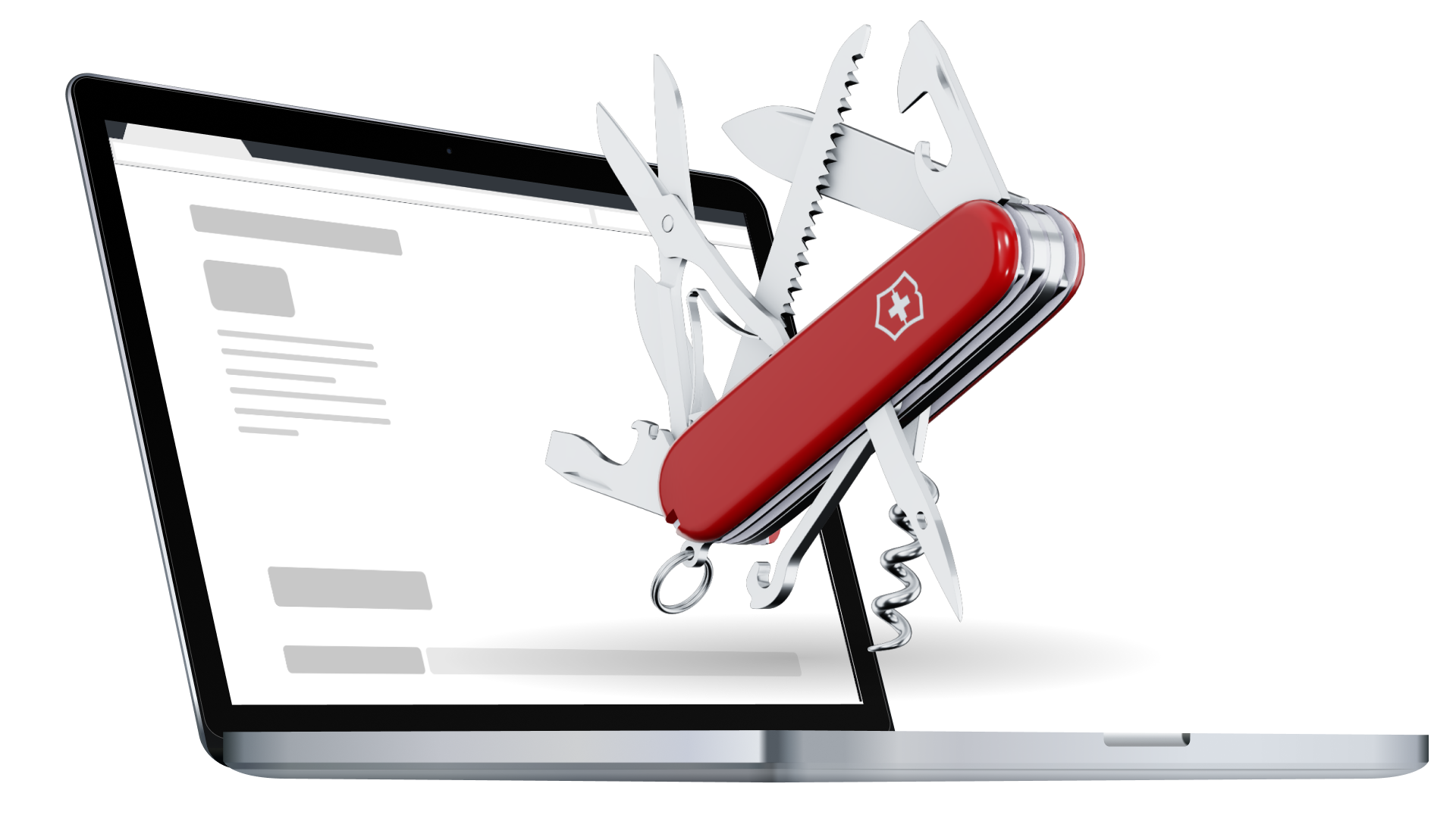 Image of a laptop with a red Swiss multifunction knife going out of the screen to illustrate the Victorinox Huntsman knife personalization webpage. The aim of the image is to illustrate the customization possbilities available on the website of the brand, where you can choose the color of your knife, place your logo and custom text to create a corportae gift.