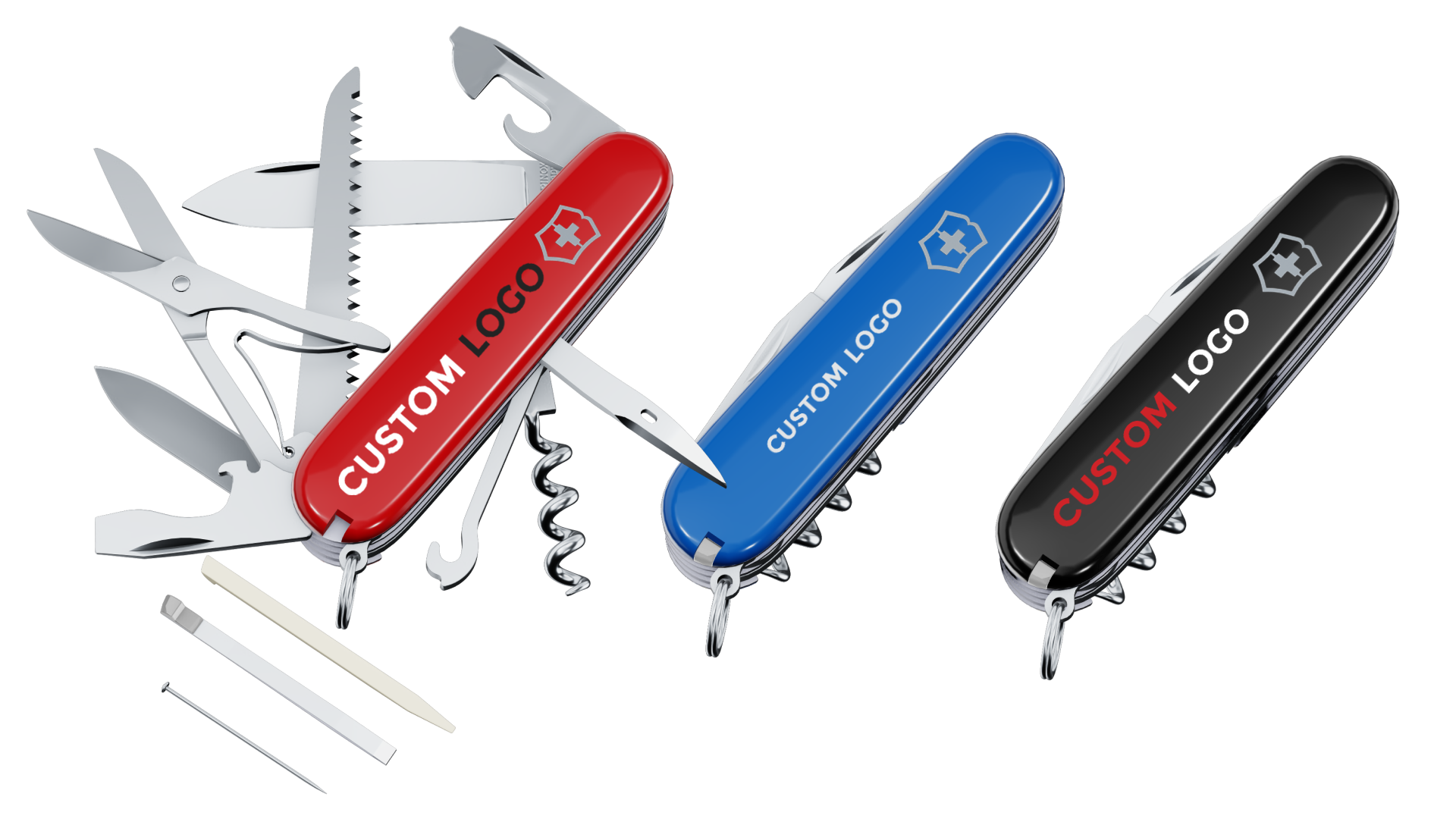 Image with three personalized Victorinox Huntsman knifes. There is a red one, a blue one and a black one. The aim of the image is to illustrate the customization possbilities available on the website of the brand, where you can choose the color of your knife, place your logo and custom text to create a corportae gift. The customer already choosed the model of the knife (the combination of blades ), a white handle and inserted a logo.