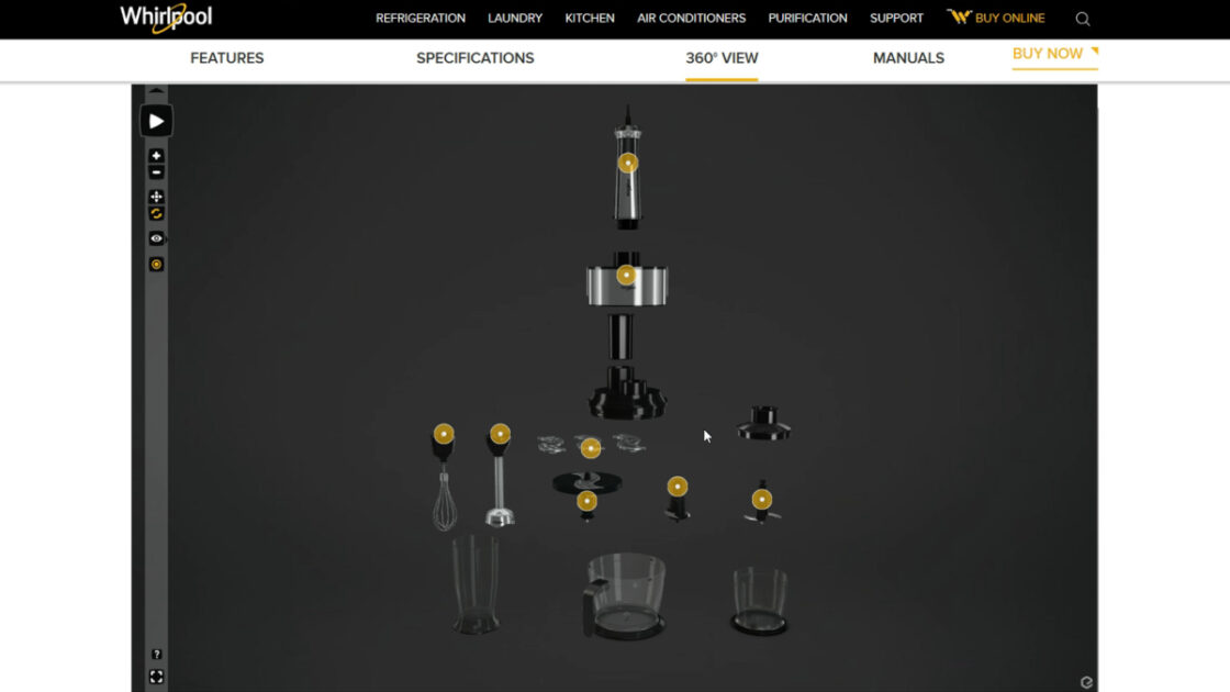 Case studies : Whirlpool handblender webpage with triggered 3D animations. The hotspots trigger different 3D real-time animations. On the screenshot, you can see 8 triggers.