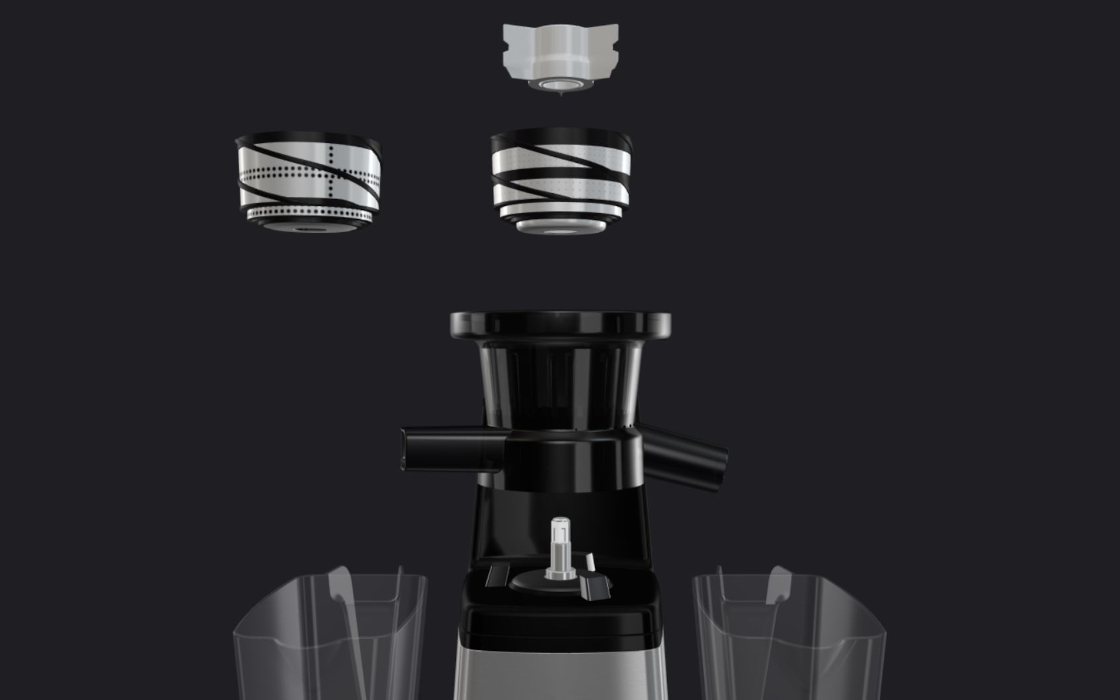 Triggered 3D animation of a Whirlpool slow juicer. You click on the triggers on the 3D view of the product created with Emersya solutions and it shows the various options. On the screenshot, the 1st trigger have been clicked. It gives informations about the juicing bowl.