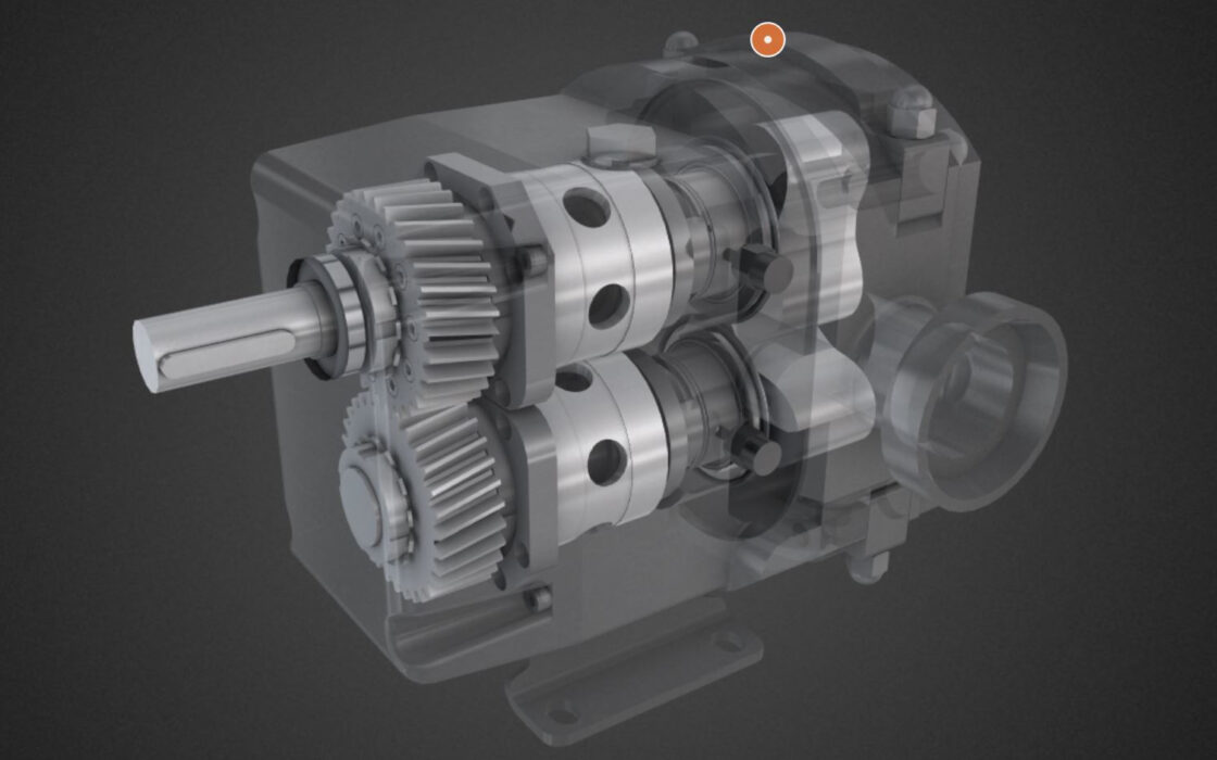 Transparent view of the mechanism of a pump . The 3D allows the discovery by the customer of the inside of the product and the animation shows how mechanisms work. IPP brand was trying to find an immersive way for the discovery of the hidden parts of his product to illustrate their high level of technology.