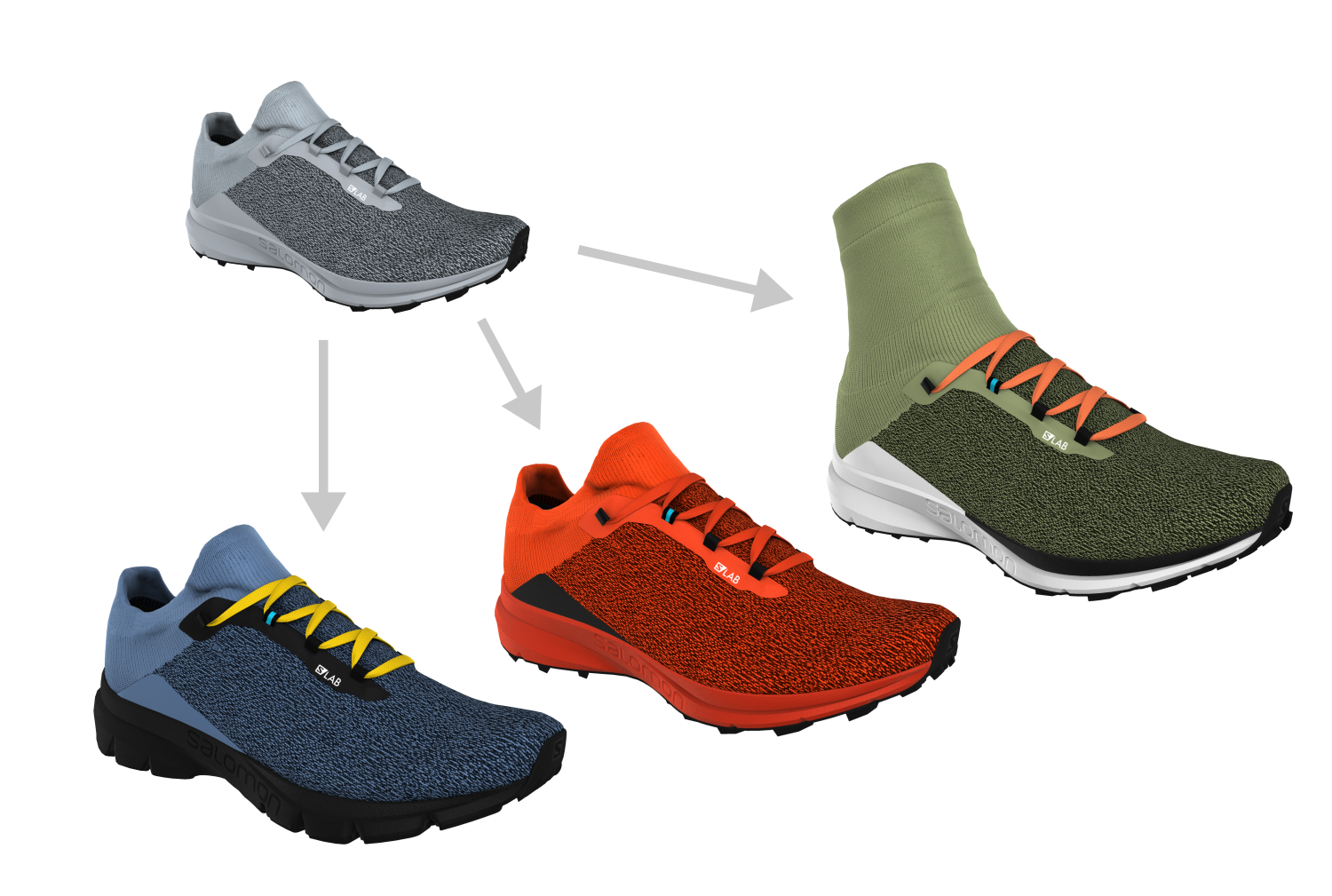 Scheme showing variations of the basic 3D mesh shoe model with different options. The model and the customization options are made available through Emersya’s Interactive 3D Viewer, which was embedded in Salomon’s SLAB ME:sh online configurator.