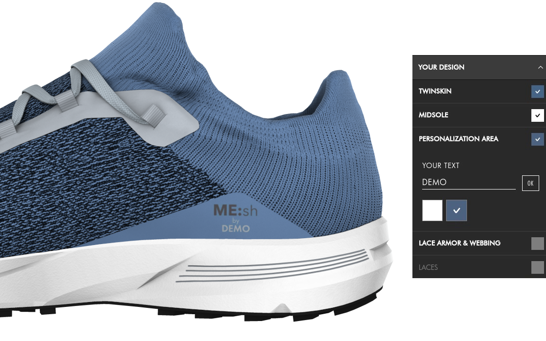 The interactive customization of the Salomon S Lab ME:sh webpage also offers the possibility for the customer to add their initials to a part of the shoe and preview the finish in real-time on the 3D model.