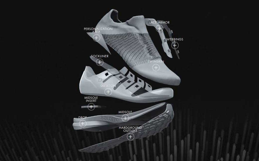 Emersya platform’s animation permited to create an exploded view of the different construction layers of the shoe. This image is the illustration of an HD render of the exploded construction layers in order to present the internal product design and technology of the shoe after the configuration process.