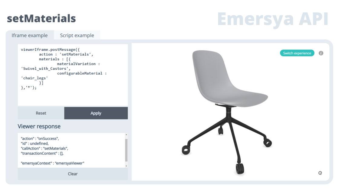 Screenshot of the seamless Iframe integration for the Pure Loop Mono chair configurator on the Infiniti webpage using Emersya’s API. The 3D viewers API calls were used to link each button in the interface with the 3D viewer in order to update the product options, color & material changes. The Interactive 3D product configurators have also been embedded in the product pages on Infiniti’s website.