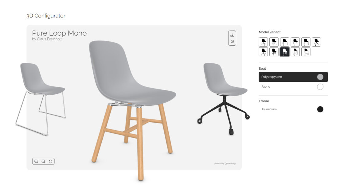 Extract from the Pure Loop Mono chair product configurator on the Infiniti webpage . Each product showcase includes an Interactive 3D product configurator, powered by Emersya’s real-time 3D viewer. The 3D viewers provide users with the freedom to explore the full range of product options and users from every angle. The solution also allows to browse and customize all product variations and options, in real-time. Here for example, you can change the seat and the base.