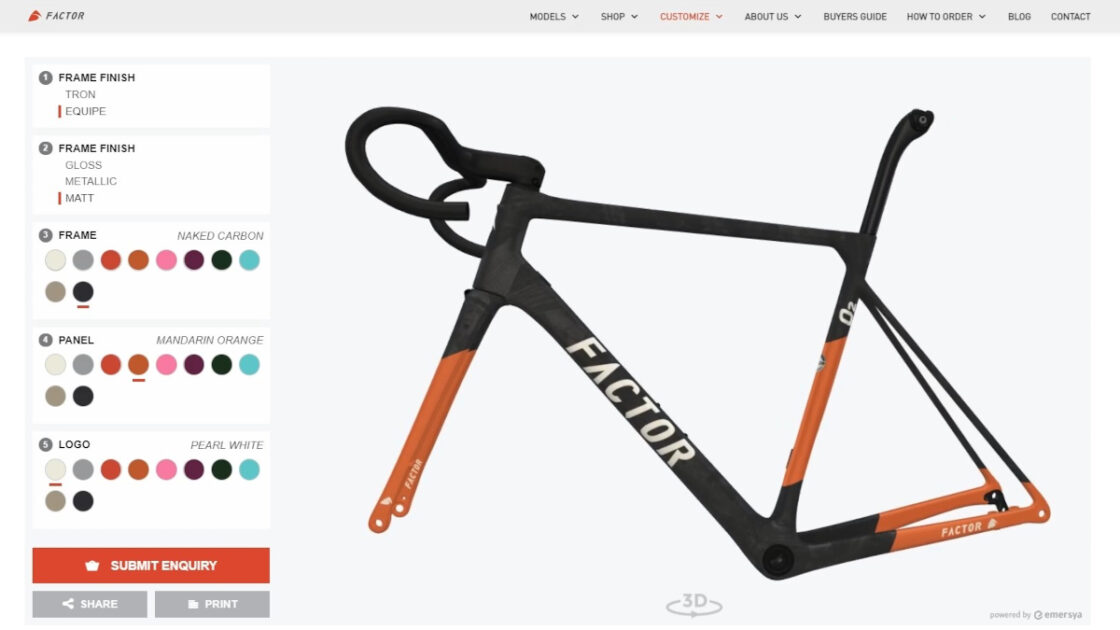Case studies : Screenshot of the PRISMA STUDIO, Factor’s custom paint program, offers you the possibility to choose different artwork, finishes and paint colors to build a unique frameset, all in interactive 3D. The preview of the customizable areas appears in real time. At the end of the customization experience, the user can use the “submit enquiry” button to send a request to the Factor team. This option will generate a screenshot of the custom bike frame configuration as well as a list of the different options selected by the customer. A pdf is then generated with the information received via Emersya’s API, and sent directly to Factor’s sales team.