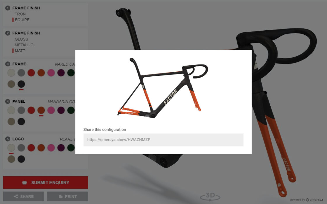 Screenshot of the PRISMA STUDIO, Factor’s custom paint program, offers to the customers the option to save their custom design in order to share it or download a pdf. The “Share” option generates a unique url to allow the customer to replay their custom design in a separate interactive 3D viewer. The customer has the option either to copy the link or to share it directly on Facebook or Twitter.