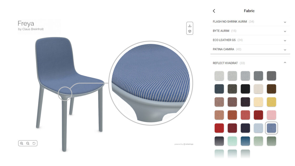 Extract from the Freya chair configurator of the Infiniti webpage. Each product showcase includes an Interactive 3D product configurator, powered by Emersya’s real-time 3D viewer. The 3D viewers provide users with the freedom to explore the full range of product options and users from every angle. The solution also allows to zoom in close to see the detail in the different materials.