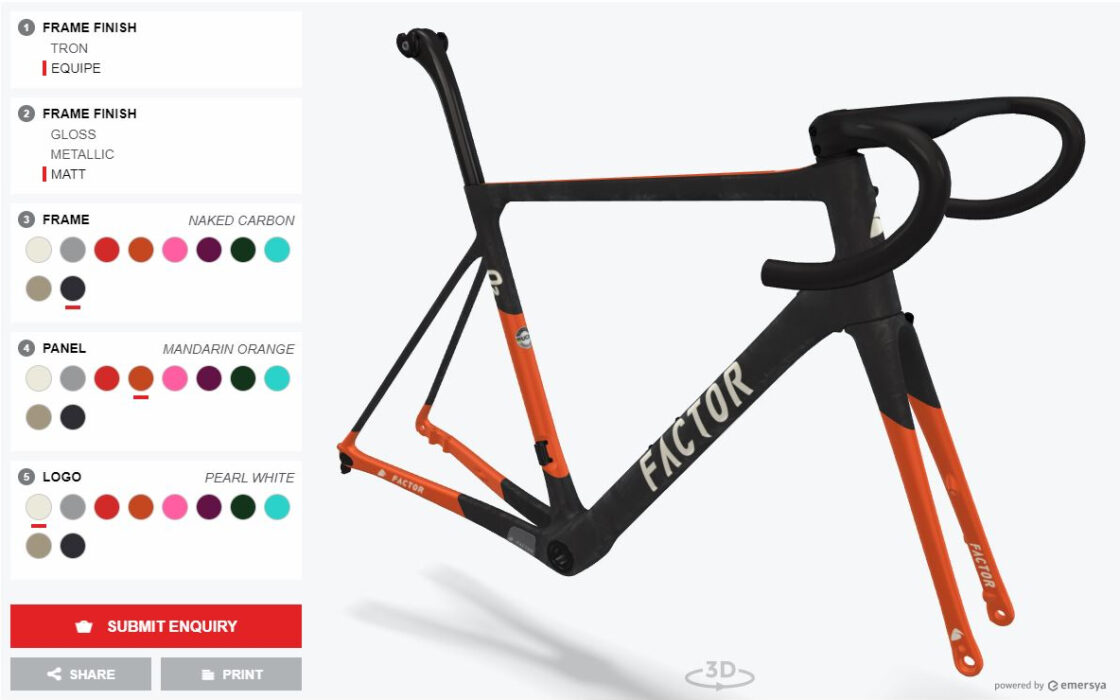 Screenshot of the PRISMA STUDIO, Factor’s custom paint program, offers you the possibility to choose different artwork, finishes and paint colors to build a unique frameset, all in interactive 3D. The preview of the customizable areas appears in real time. Online customers can use the 3D viewer to rotate the frameset to preview the different configuration options from every angle and zoom in and out to see the product in more detail. At the end of the customization experience, the user can use the “submit enquiry” button to send a request to the Factor team. This option will generate a screenshot of the custom bike frame configuration as well as a list of the different options selected by the customer. A pdf is then generated with the information received via Emersya’s API, and sent directly to Factor’s sales team.