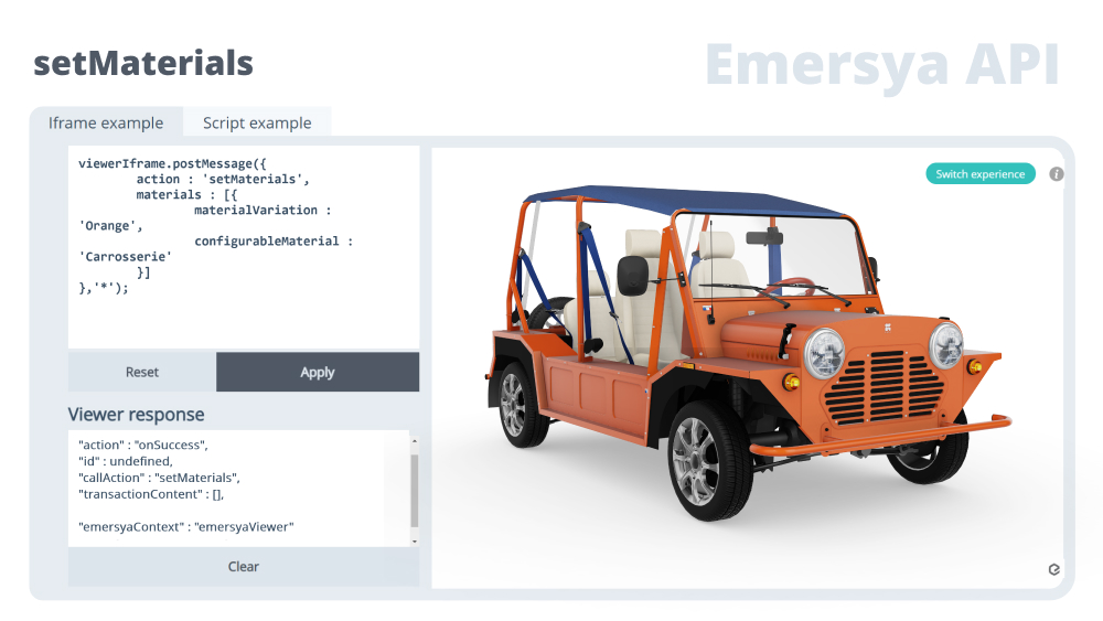 Case studies : Kate webpage dedicated to the customisation of an electrical car using Emersya product customizers. To create your own and unique car, you can choose the color of the body, change the color of the bimini, of the wheels, of the seats, of the safety belts. Once customized, you can order it online. Here we can see the very esay integration process using an iframe to insert the 3D experience in any CMS