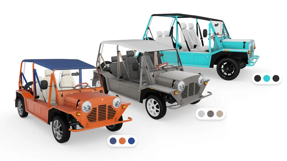 Études de cas : Page web de Kate consacrée à la personnalisation d'une voiture électrique à l'aide des personnalisateurs de produits Emersya. Pour créer votre propre voiture, vous pouvez choisir la couleur de la carrosserie, changer la couleur du bimini, des roues, des sièges, des ceintures de sécurité. Vous pouvez voir le résultat en temps réel. Et changer le point de vue. Voici une vue de côté. Une fois personnalisé, vous pouvez le commander en ligne.