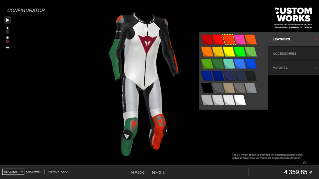 Case studies : Screenshot of the Dainese Custom Works webpage showing the result of a configuration of a motorbike suit with the Dainese Rossi configurator. The customer can make his choice for each part among a lot of leathers, accessories and patches. The price and 3D view is updated in real time on the webpage and the configuration can be shared with a simple link.