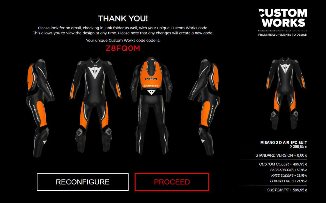 Screenshot of the Dainese Custom Works webpage showing the result of a configuration of a motorbike suit with the Dainese Rossi configurator. We have here 3 points of view : front, back and side view that have been generated after the customer customization. The price has been updated in real time and a code has been generated corresponding to the exact configuration of the product.