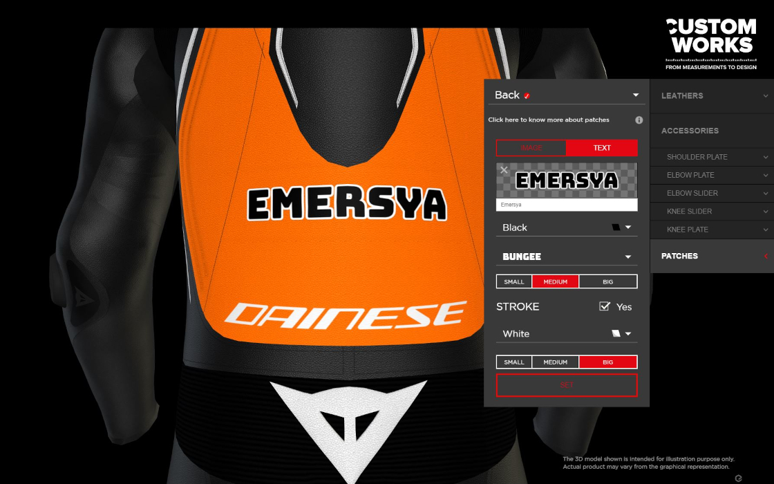 Screenshot of the Dainese Custom Works webpage showing the result of a configuration of a motorbike suit with the Dainese Rossi configurator. We are at the patches step of the customer customization. He has downloaded a logo and inserted it on the suit with some options of color and thickness of the patche.