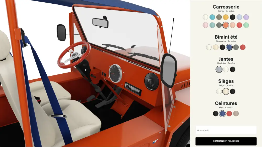 Études de cas : Page web de Kate consacrée à la personnalisation d'une voiture électrique à l'aide des personnalisateurs de produits Emersya. Pour créer votre propre voiture, vous pouvez choisir la couleur de la carrosserie, changer la couleur du bimini, des roues, des sièges, des ceintures de sécurité. Vous pouvez voir le résultat en temps réel. Et changer le point de vue. Voici une vue de côté. Une fois personnalisé, vous pouvez le commander en ligne.