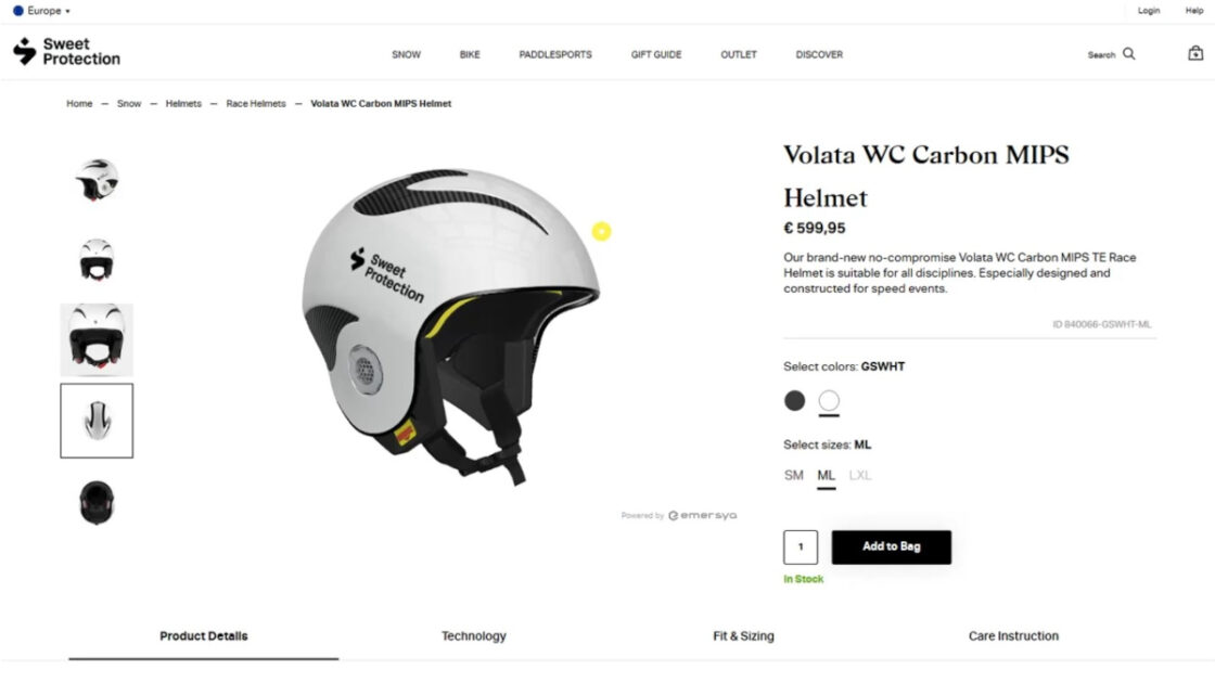 Case studies : Screenshot of the Sweet Protection helmets webpage using the Emersya 3D viewer. The animation created with the Emersya platform permit to the brand a guided tour for the customer to discover all the details of the product.