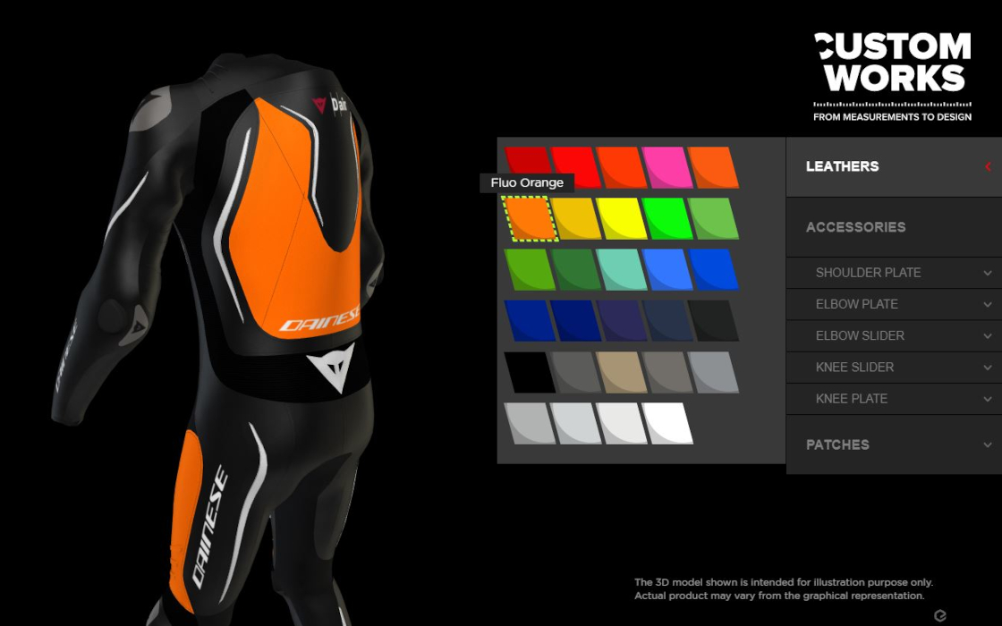 Screenshot of the Dainese Custom Works webpage showing the result of a configuration of a motorbike suit with the Dainese Rossi configurator. The customer can make his choice for each part among a lot of leathers, accessories and patches. The price and 3D view is updated in real time on the webpage.