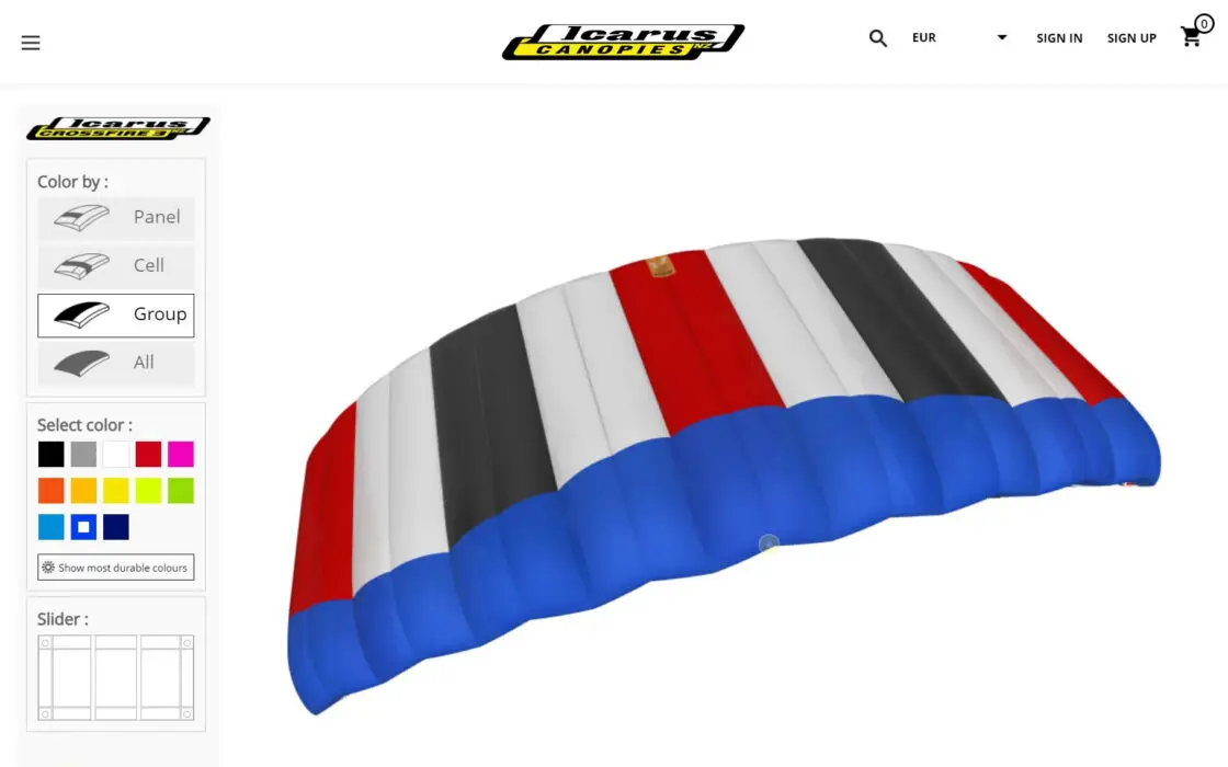 Capture d'écran de la page web d'Icarus canopies (NZ_Aerosports) utilisant le configurateur 3D d'Emersya. L'expérience immersive créée avec la plateforme Emersya permet au client de choisir la couleur de chaque panneau de textile du produit et de voir le résultat en temps réel.