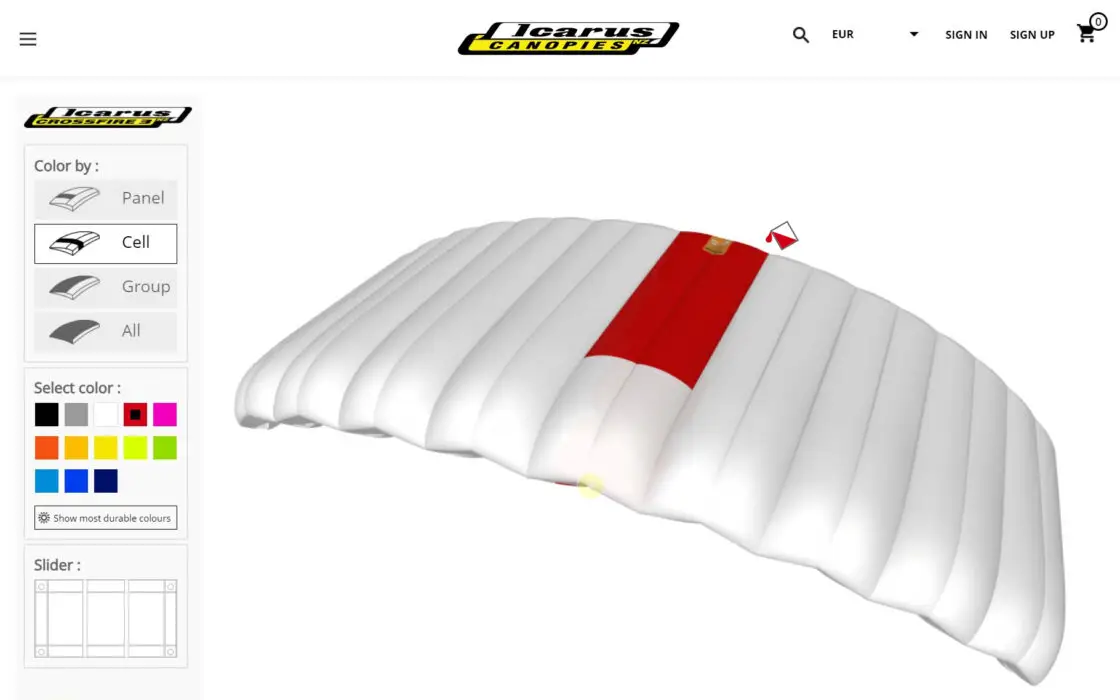Capture d'écran de la page web d'Icarus canopies (NZ_Aerosports) utilisant le configurateur 3D d'Emersya. L'expérience immersive créée avec la plateforme Emersya permet au client de choisir la couleur de chaque panneau de textile du produit et de voir le résultat en temps réel.