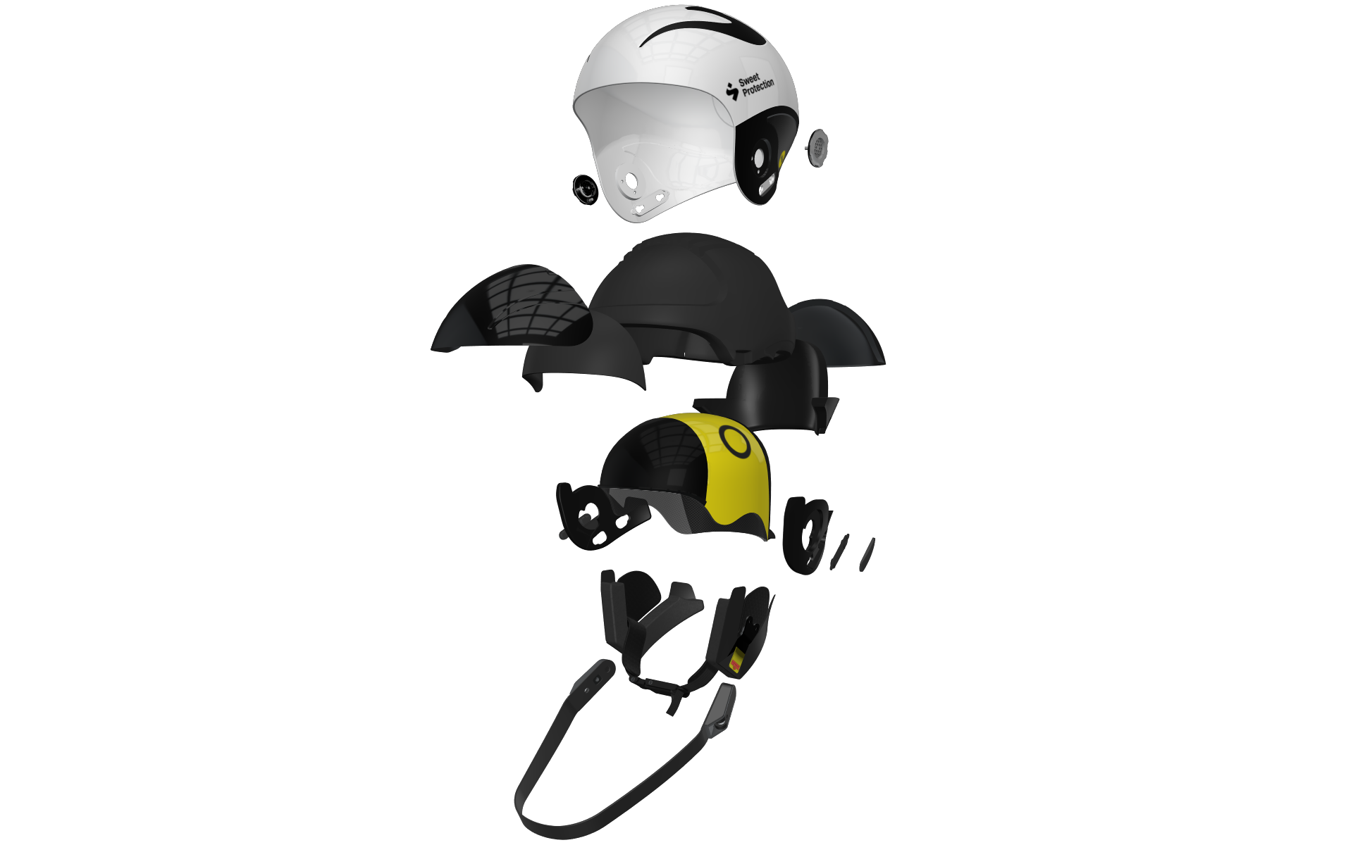 Detail of the Sweet Protection helmets webpage using the Emersya 3D viewer. The animation created with the Emersya platform permit to the brand a guided tour for the customer to discover all the details of the product. By using the trigger the customer can see an exploded view of all the components of the helmet and some additional informations for each component.